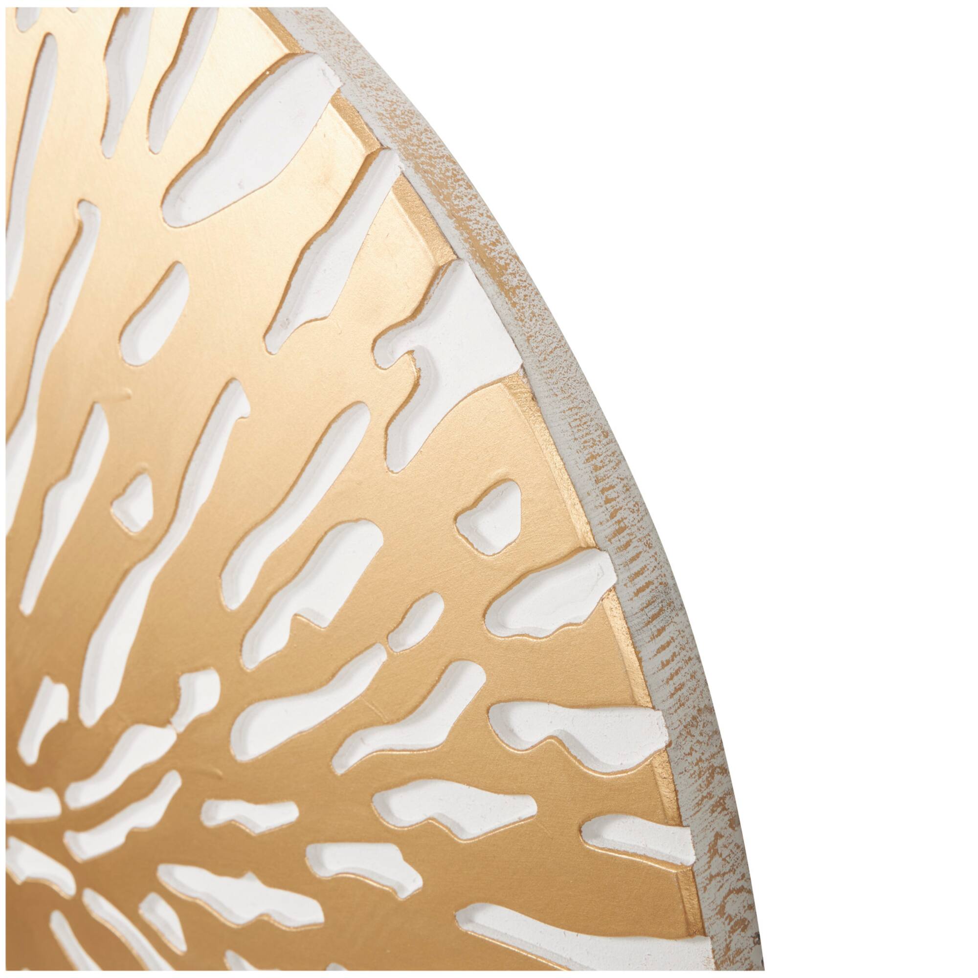 36" x 36" Gold Wooden Starburst Abstract Carved Circle Wall Décor with White Backing